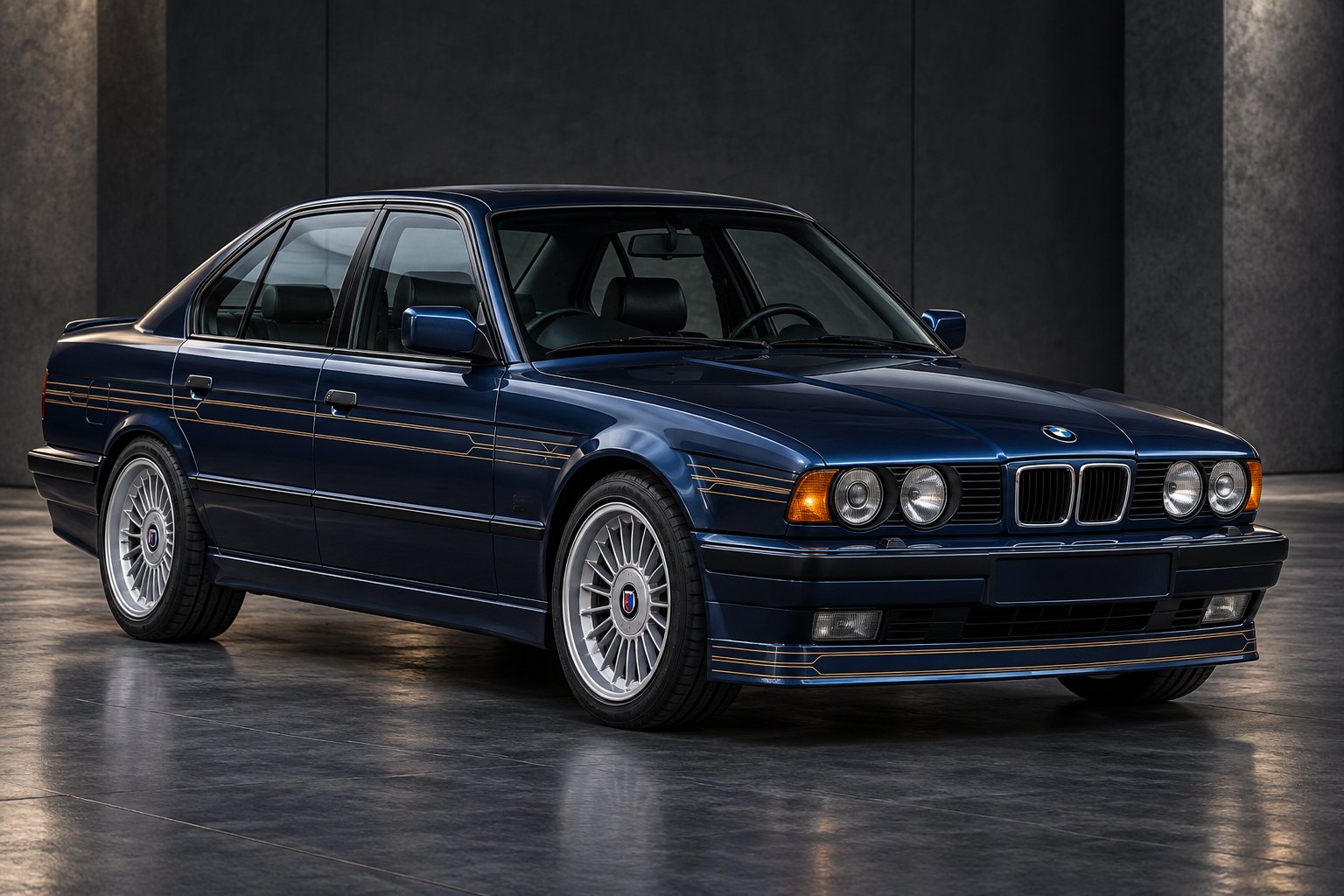 Illustration of a blue classic Alpina B10 in a studio