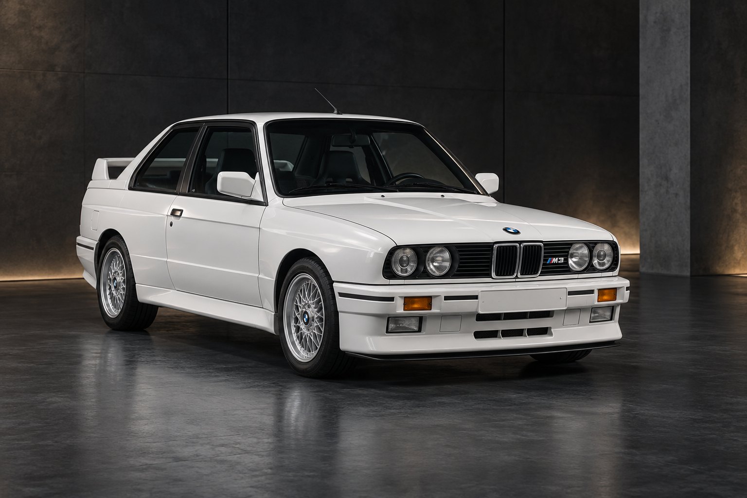 Illustration of a white BMW E30 M3 in a studio