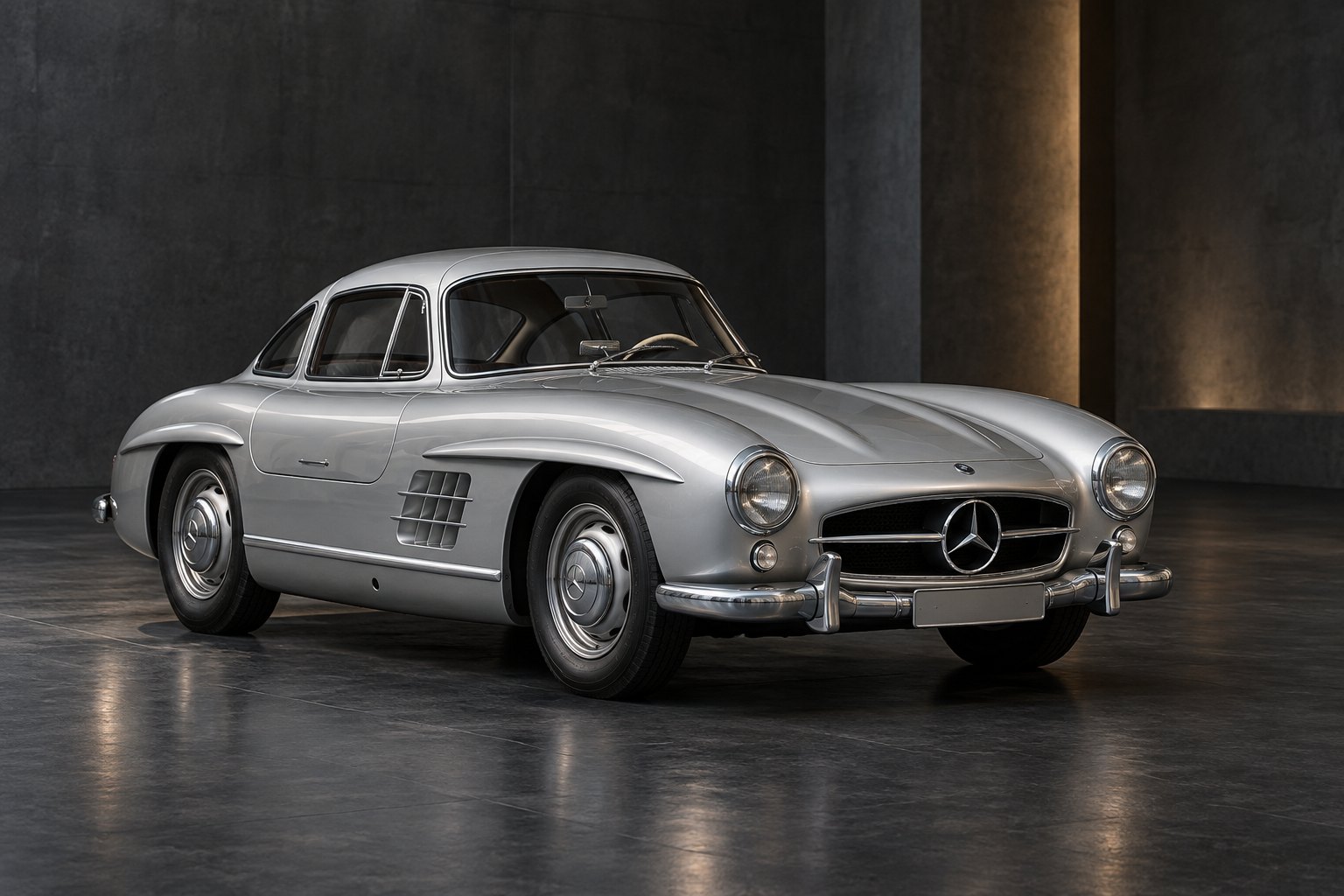 Illustration of a silver Mercedes-Benz 300 SL in a studio